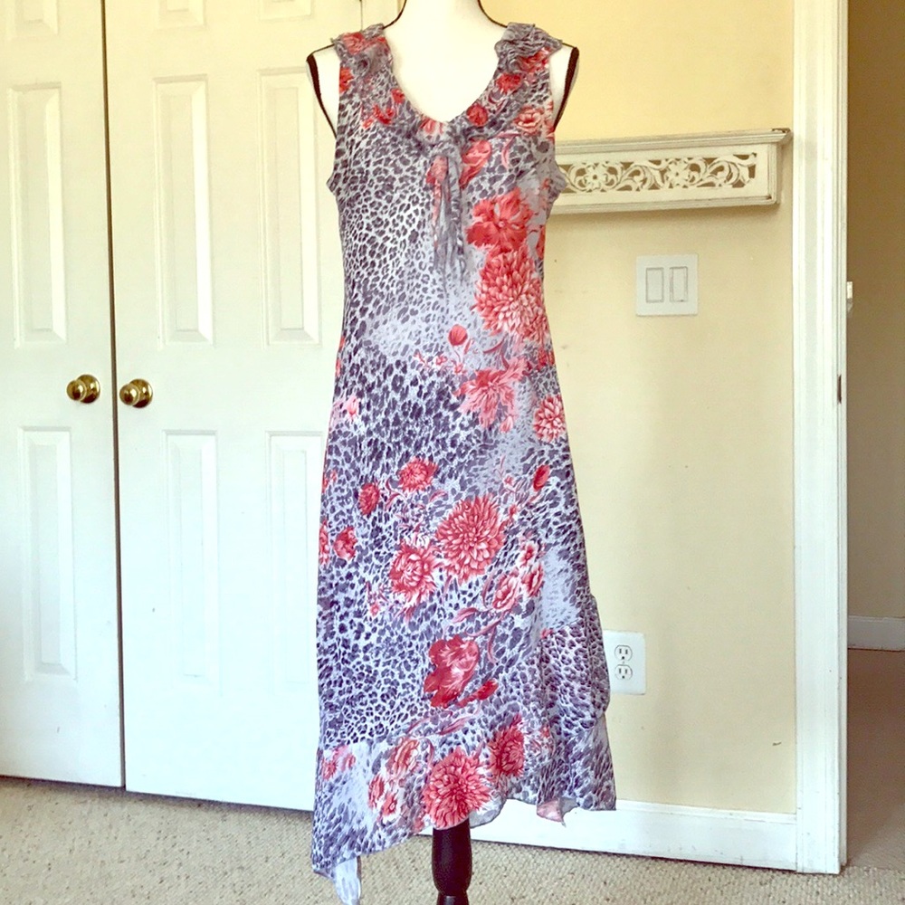 XINHUA FLORAL LEOPARD PRINT ASYMMETRICAL DRESS